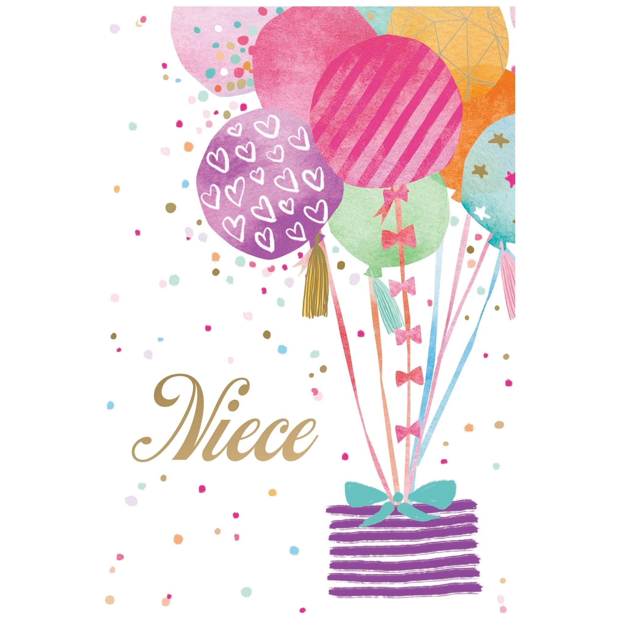 Colorful balloons and a birthday gift card for niece from Pictura, featuring cheerful birthday-themed illustrations on an everyday card.